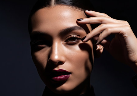 Elegant woman with flawless skin and dramatic eye design. Her dark red lips and manicured nails frame a sensuous expression under studio lights and shadows.の素材