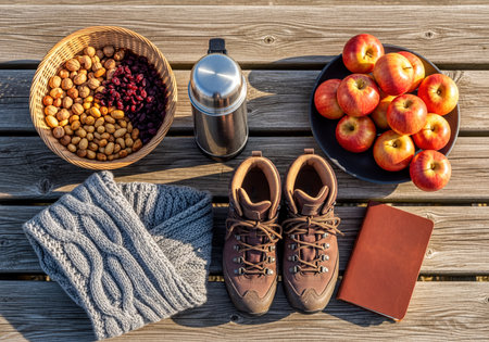 Autumn hiking and picnic essentials arranged on a wooden table, featuring brown boots, red apples, a basket of nuts and cranberries, a thermos, a knitted scarf, and a notebook.の素材