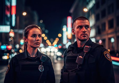 Two dedicated police officers, a man and a woman, stand alert on night patrol in a bustling city street, illuminated by blurred colorful lights. Representing law enforcement, duty, and order.の素材