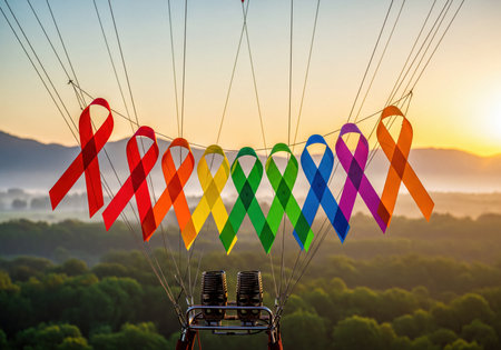 Vibrant rainbow awareness ribbons suspended from a hot air balloon basket, soaring at sunrise over misty mountain forests, symbolizing support and various causes.の素材