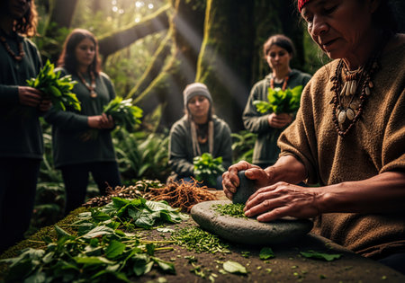 An elder indigenous woman grinds fresh medicinal herbs using a mortar and pestle, surrounded by younger women holding plants in a sunlit forest. Depicts traditional herbal remedy preparation and community knowledge.の素材