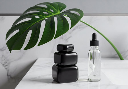 Clear glass dropper bottle and sleek black cosmetic containers presented on a white marble surface, elegantly framed by a tropical monstera leaf. Ideal for beauty and skincare advertising.の素材