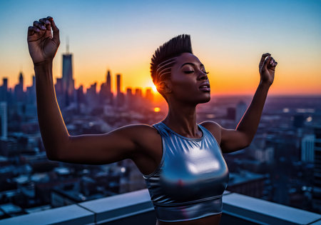 Confident African American woman with eyes closed, arms raised in a moment of peace and freedom on a city rooftop during a vibrant sunset over the urban skyline.の素材