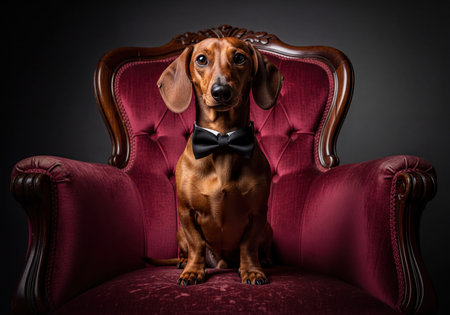 Dachshund dog wearing a black bow tie, sitting formally on a plush red velvet armchair with ornate wooden details against a dark background. Formal pet portrait conveying elegance and charm.の素材