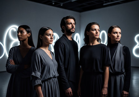 Group of five young men and women in dark minimalist fashion standing together in a contemporary art space featuring abstract white neon light installations. They appear focused and serious, looking to the side. Modern team concept.の素材