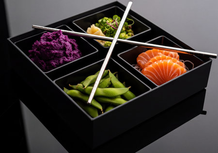 A gourmet black bento box featuring fresh salmon sashimi slices, vibrant green edamame pods, creamy purple ube mash, and delicate sprouts with pickled ginger, elegantly presented with silver chopsticks on a dark background.の素材