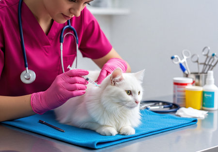 Female veterinarian carefully administers a vaccination shot to a calm white cat on an examination table in a bright veterinary clinic, ensuring pet health and wellness.の素材