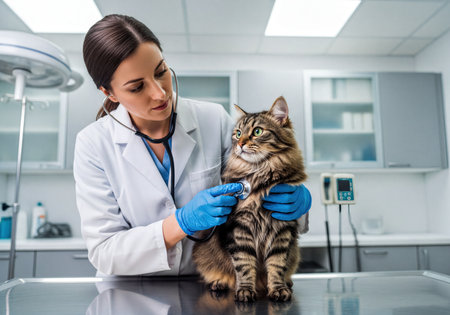 Female veterinarian in a white coat and blue medical gloves carefully examining a fluffy tabby cat with a stethoscope on a stainless steel table in a modern veterinary clinic.の素材