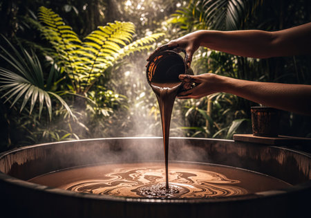 Hands gently pouring thick, warm mud liquid from a small pot into a steaming wooden bathing tub amidst lush tropical jungle foliage. Evokes a sense of natural spa wellness and traditional ritual.の素材