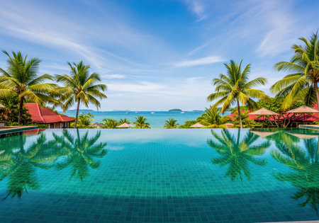 Turquoise infinity pool reflecting palm trees, overlooking a calm blue ocean with distant boats, surrounded by tropical foliage and resort buildings, evoking luxury and relaxation.の素材