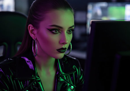Stylish young woman with dramatic makeup and shiny jacket under neon lighting, her intense gaze fixed on a digital display in a dark room.の素材