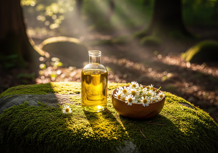 Glass bottle of natural chamomile essential oil and fresh chamomile flowers in a wooden bowl placed on a mossy rock in a serene, sunlit forest. Focus on organic wellness and herbal remedy.の素材