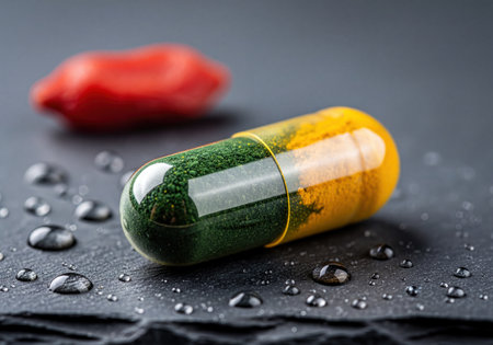 Close-up of a transparent supplement capsule filled with vibrant green and yellow powder, suggesting natural ingredients like spirulina and turmeric, resting on a wet dark slate surface with water droplets, promoting health and wellness.の素材