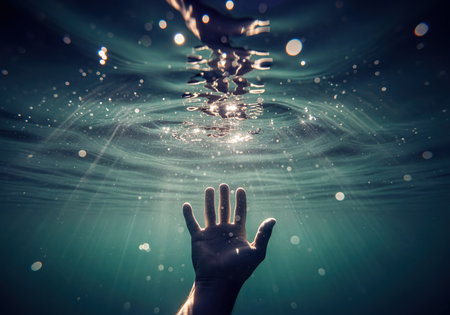 A single human hand reaching upwards from the depths of dark water towards the bright, sun-dappled surface, illuminated by shimmering light rays, symbolizing hope, rescue or desperation.の素材