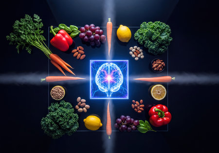 Close up of glowing human brain with neural activity surrounded by a variety of brain food including fruits, vegetables, nuts, and legumes, symbolizing mental vigor and healthy diet.の素材