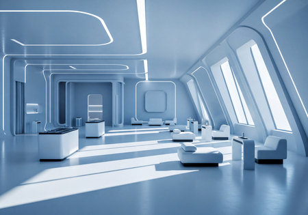 Clean, futuristic white interior lounge featuring sleek modern minimalist design. Architectural space with curved walls, large windows, soft ambient lighting, and elegant contemporary furniture.の素材