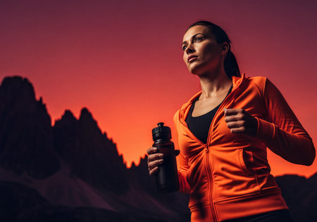 Fit woman runner in an orange athletic jacket holding a water bottle after an intense mountain workout, with a vibrant red and orange sunset in the background, showcasing health and active lifestyle.の素材