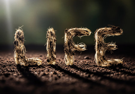 The word LIFE spelled out with organic, intertwined plant roots covered in dark soil, illuminated by soft sunlight. Concept of growth, nature, sustainability, and beginnings.の素材
