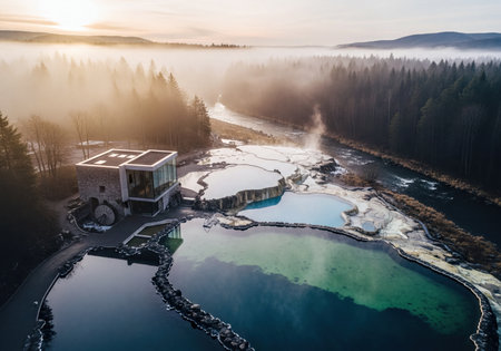 Contemporary stone and glass building situated beside geothermal pools and a tranquil river, surrounded by a misty evergreen forest during an atmospheric sunrise.の素材