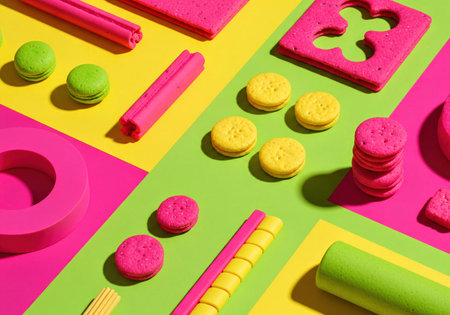 Abstract arrangement of vibrant pink, yellow, and green sweets, crackers, and macarons on a multi-colored background. Features bold geometric shapes, clean lines, and strong shadows, creating a graphic and playful design.の素材