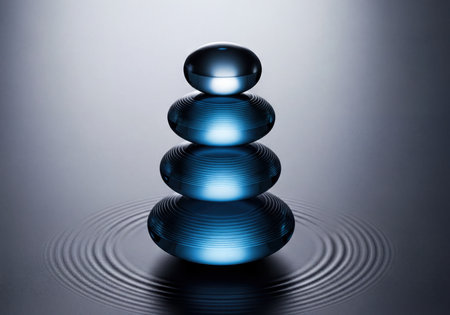 Abstract stack of four glossy blue reflective spheres creating concentric ripples on a dark, calm liquid surface, symbolizing balance, tranquility, and harmony. Minimalist composition.の素材