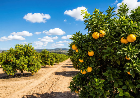 Lush orange grove filled with vibrant green trees bearing ripe, yellow oranges under a clear blue sky with white clouds. A dirt path winds through the agricultural orchard, showcasing a bountiful harvest and natural farm landscape.の素材
