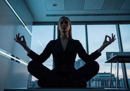 Professional woman in business attire meditating in lotus pose in a modern office, emphasizing corporate wellness, mental clarity, and stress relief.の素材