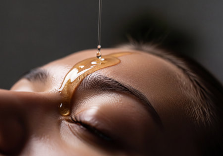 Woman receiving a soothing oil treatment on her forehead, with a stream of golden liquid gently flowing down. Focus on wellness, luxury skincare, and spa relaxation ritual.の素材