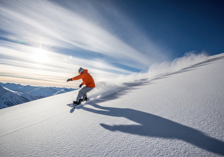 Man snowboarding down a pristine snow-covered mountain, kicking up powder under a vibrant blue sky with visible sun and distant peaks, enjoying winter sports.の素材