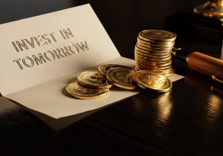 Golden coins arranged next to a card displaying &#39;Invest in Tomorrow&#39; text. Symbolizes financial growth, future planning, and wealth accumulation through smart investment strategies.の素材