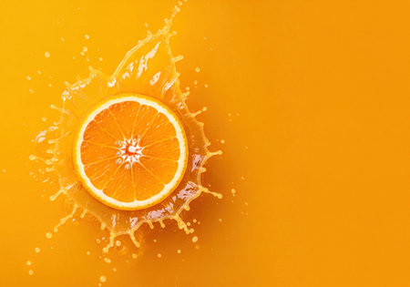 Vibrant orange fruit slice falling into a pool of sweet juice, generating an energetic splash with effervescent droplets. Ideal for concepts of freshness, healthy drinks, summer refreshment, and natural ingredients.の素材