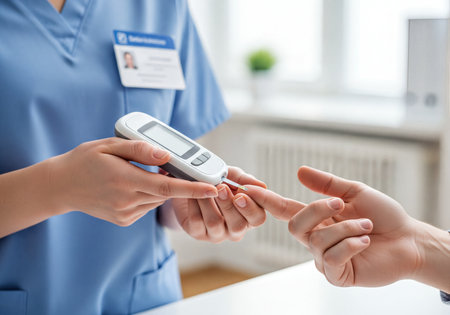 A nurse uses a digital glucometer to measure a patient blood sugar level, demonstrating routine diabetes care and health monitoring.の素材