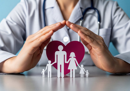 A close-up of doctor's hands forming a protective gesture over paper cutouts of a family and a red heart, symbolizing health assurance, medical coverage, and family safety.の素材