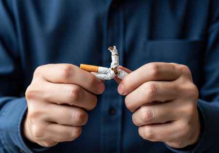 Close up of a man&#39;s hands breaking a cigarette in half, symbolizing determination to overcome addiction and embrace a healthier, smoke-free lifestyle.の素材
