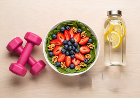 A vibrant flat lay showcasing healthy lifestyle essentials including pink dumbbells, a fresh fruit and nut salad, and a bottle of lemon water, perfect for wellness and fitness themes.の素材