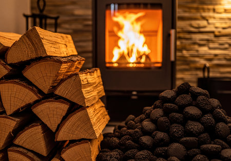 Stacked firewood logs and a pile of heating briquettes providing fuel for a cozy, modern wood burning stove, with bright flames creating a warm ambiance for a comfortable home interior.の素材