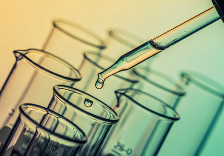 Close up of a glass dropper releasing a liquid drop into a laboratory beaker with other scientific glassware in the background, symbolizing research, chemistry, and analysis.の素材