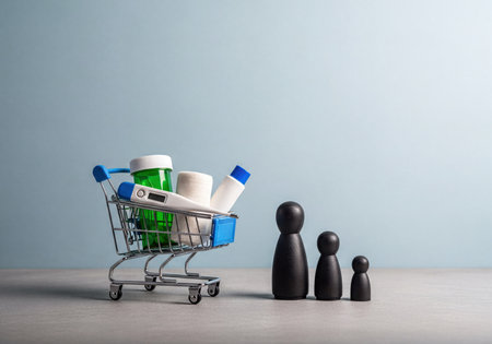 Miniature shopping cart full of essential medical supplies like thermometer, pill bottle, and bandage, alongside a family of wooden figures, symbolizing healthcare costs and family well-being.の素材
