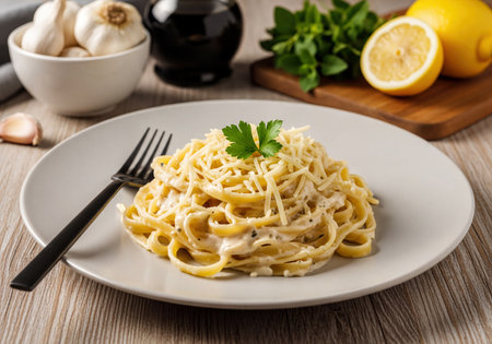Classic creamy pasta dish topped with grated parmesan cheese and fresh parsley, served on a white plate with a fork. Ingredients like garlic, lemon, and herbs are blurred in the background.の素材