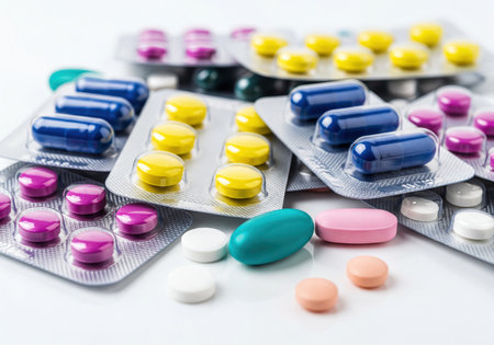 Colorful medicine pills, tablets, and capsules in various blister packs and loose on a white surface, symbolizing health, pharmacy, and pharmaceutical care.の素材