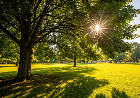 Sunlight filtering through vibrant green leaves of a large tree, casting dappled shadows on a lush grass field in a sunny park landscape. A serene natural environment.の素材