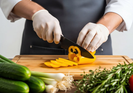 Professional chef&#39;s gloved hands meticulously slicing a vibrant yellow bell pepper into strips on a rustic wooden cutting board, preparing a healthy meal with fresh vegetables.の素材
