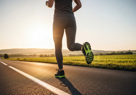 Athletic woman runs on an empty asphalt road during a golden hour sunset, highlighting fitness, healthy lifestyle, and outdoor exercise in a scenic rural landscape.の素材