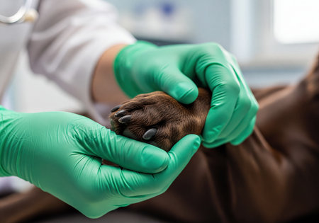Veterinarian hands in green gloves gently examining a dog&#39;s paw at a veterinary clinic, highlighting pet health, animal care, and medical examination.の素材