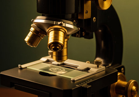 Detailed close up of an antique scientific microscope with gold objective lenses and a specimen slide on the stage. Demonstrates classic laboratory equipment used for research, education, and biological study. Concept of discovery, technology, and medical science.の素材