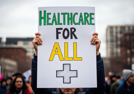 Close-up of a person&#39;s hands holding a white protest sign with green, black, and yellow text reading &#39;Healthcare For All&#39; and a medical cross symbol, amidst a blurred crowd at a public rally.の素材