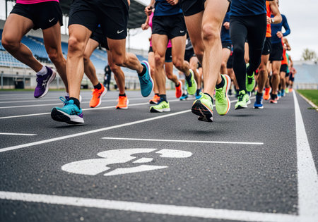Legs and feet of numerous athletes running dynamically on a black synthetic track with white lines, wearing a variety of brightly colored sport shoes. Captures movement and speed during a competitive race or training.の素材