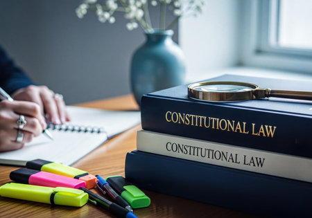 A person hands are writing notes in a spiral notebook next to a stack of constitutional law textbooks and a magnifying glass, depicting a focused study session.の素材
