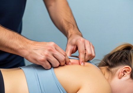 Professional hands manipulating the upper back and shoulder muscles of a female patient during a physical therapy session for pain relief and rehabilitation.の素材