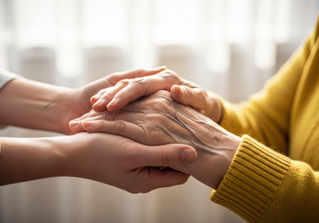 Youthful hand providing gentle support to an elderly hand, highlighting care, empathy, and family bonds. The gesture conveys comfort and compassion, creating a heartfelt moment.の素材